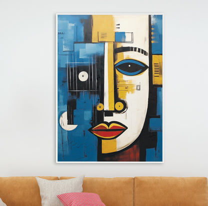 Modern abstract painting print – navy blue and yellow African art for stylish living room decor