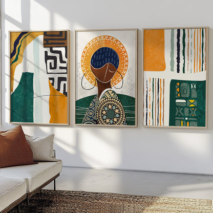 African American art set of 3, abstract black woman portraits for aesthetic room and gallery wall