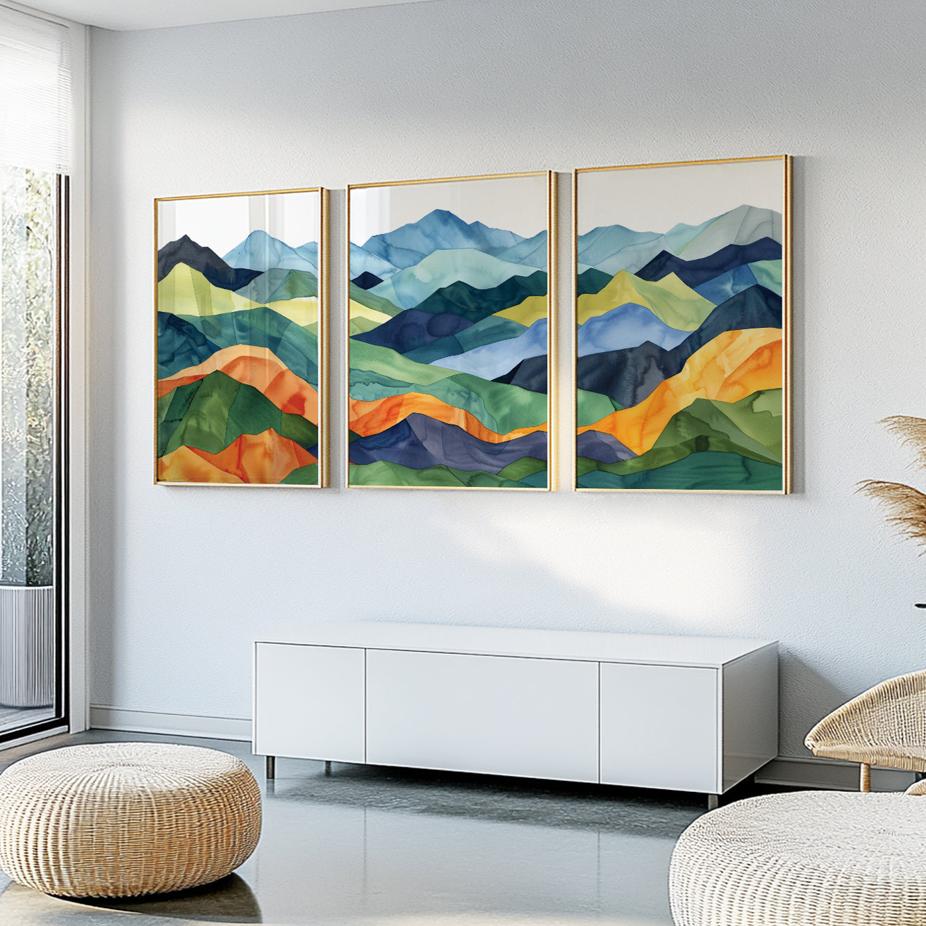 Colorful Mountains Wall Art Set of 3 – Abstract Mid Century Modern Art Prints for Aesthetic Room