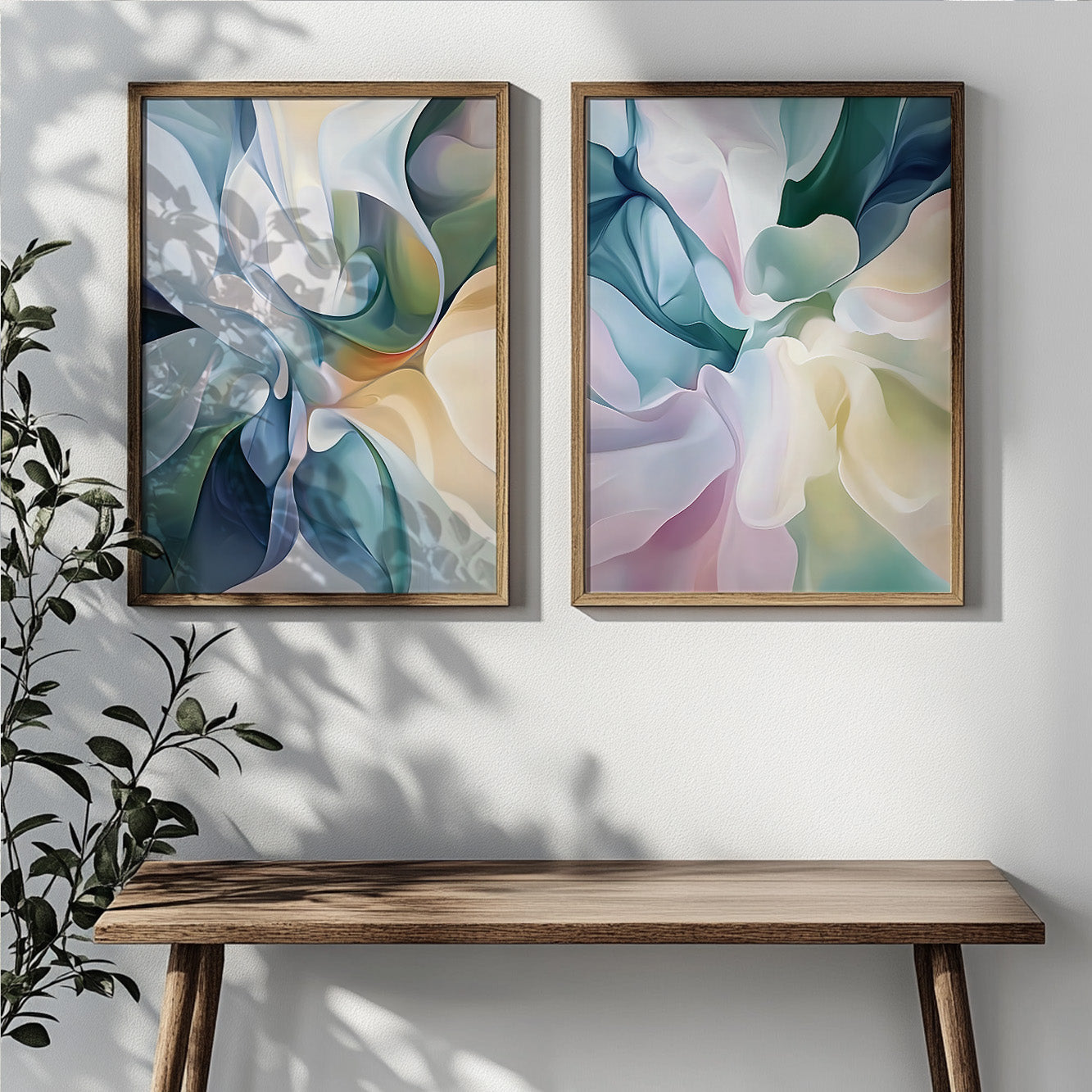 Set of 2 Abstract Japandi Prints – Pastel Pink and Blue Minimalist Wall Decor