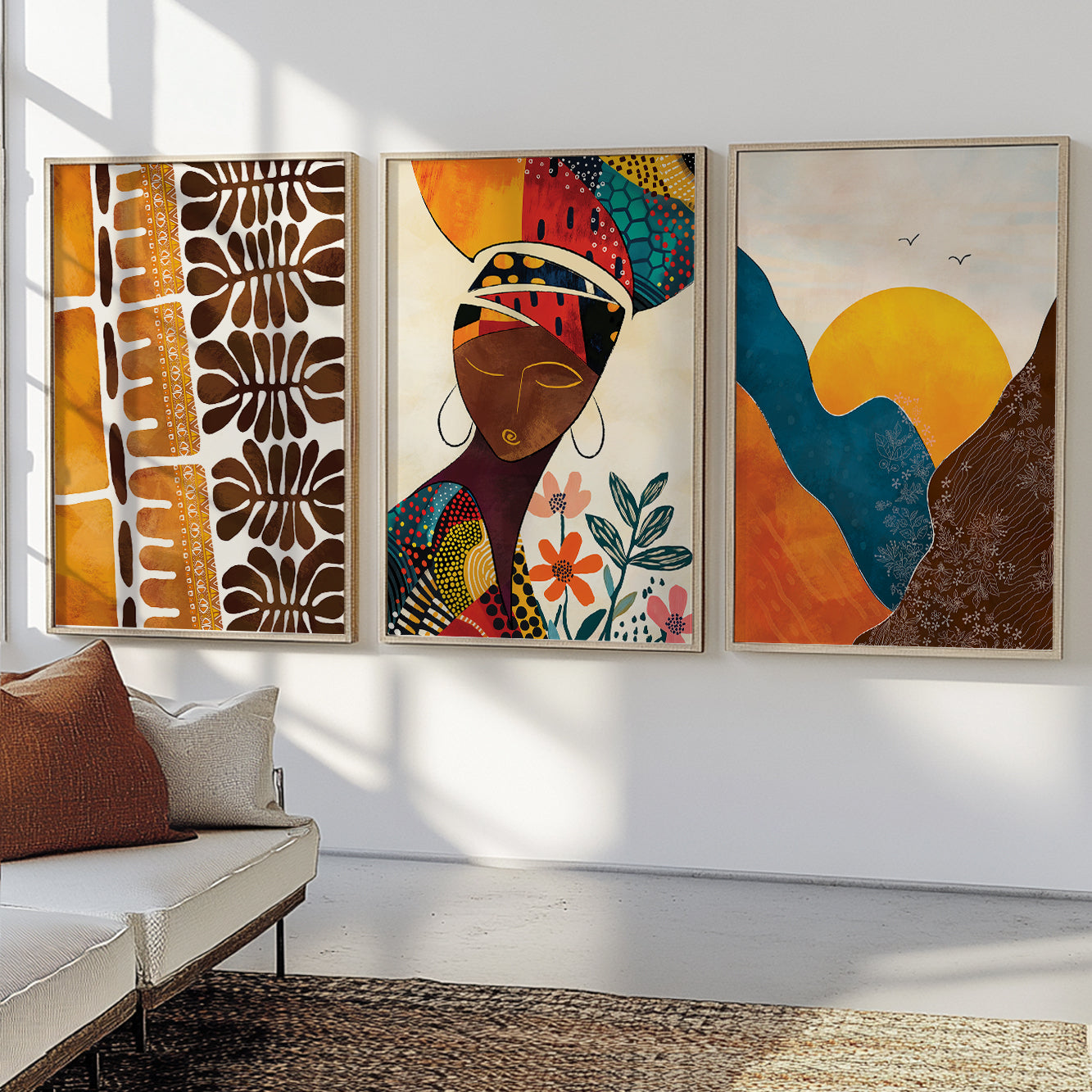 Colorful abstract black women portrait art – modern African American gallery wall set of 3, contemporary minimalist bedroom decor