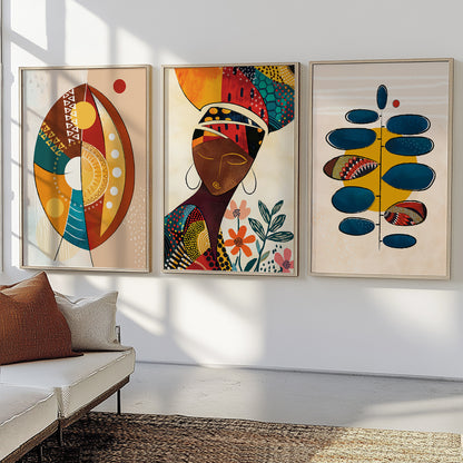 Modern African Art Set of 3 – Vibrant Colorful Prints, Minimalist Living Room Decor