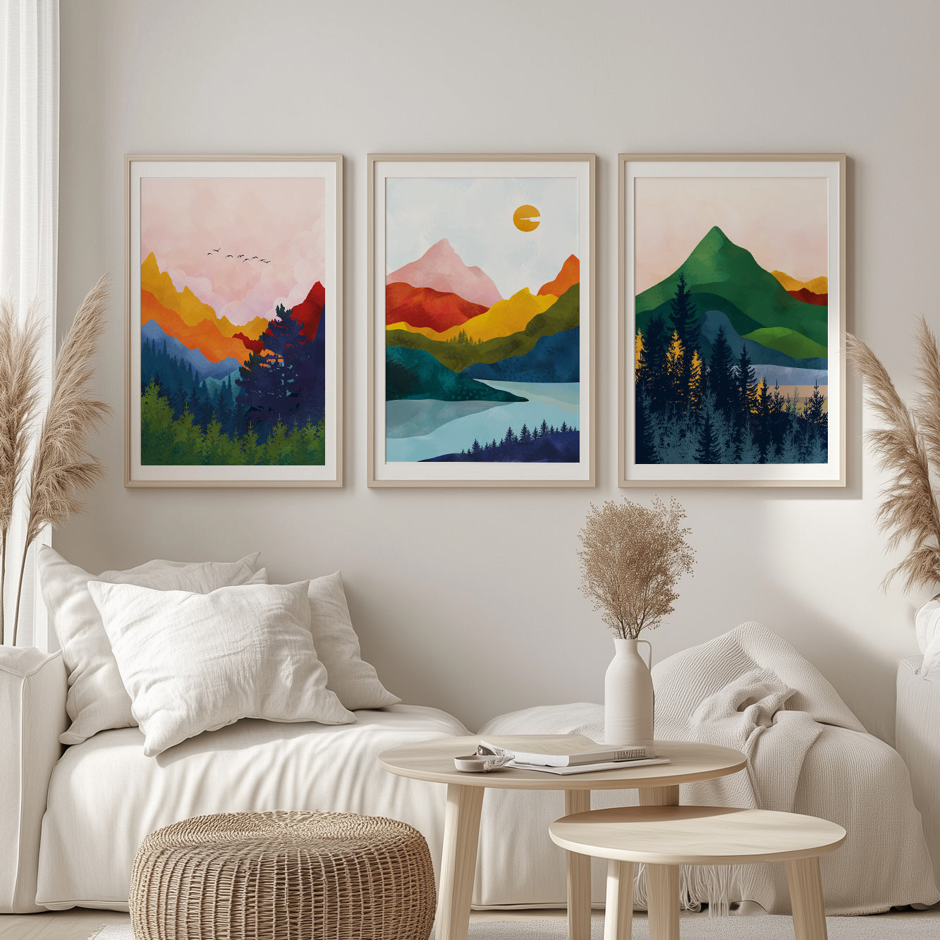 Three Piece Vibrant Abstract Mountain Art Set – Scandinavian Colorful Nordic Landscape Wall Decor