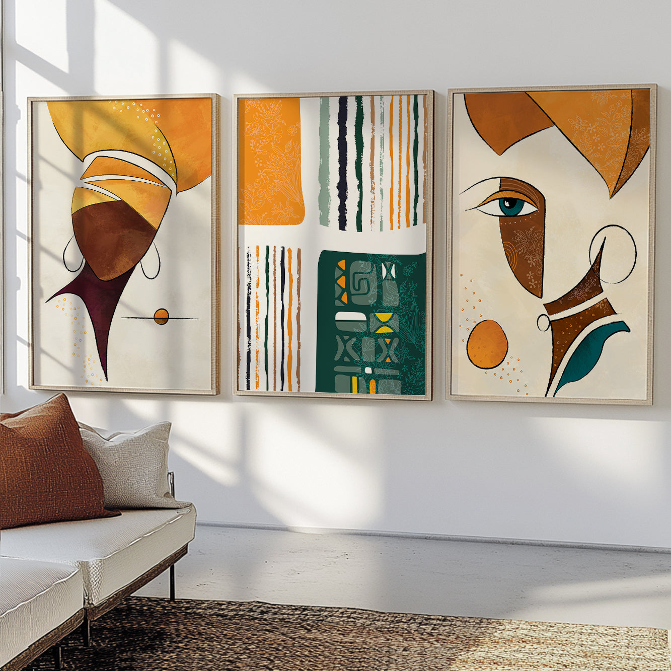 Set of 3 colorful abstract ethnic women art prints, extra large posters for modern home decor and gift ideas