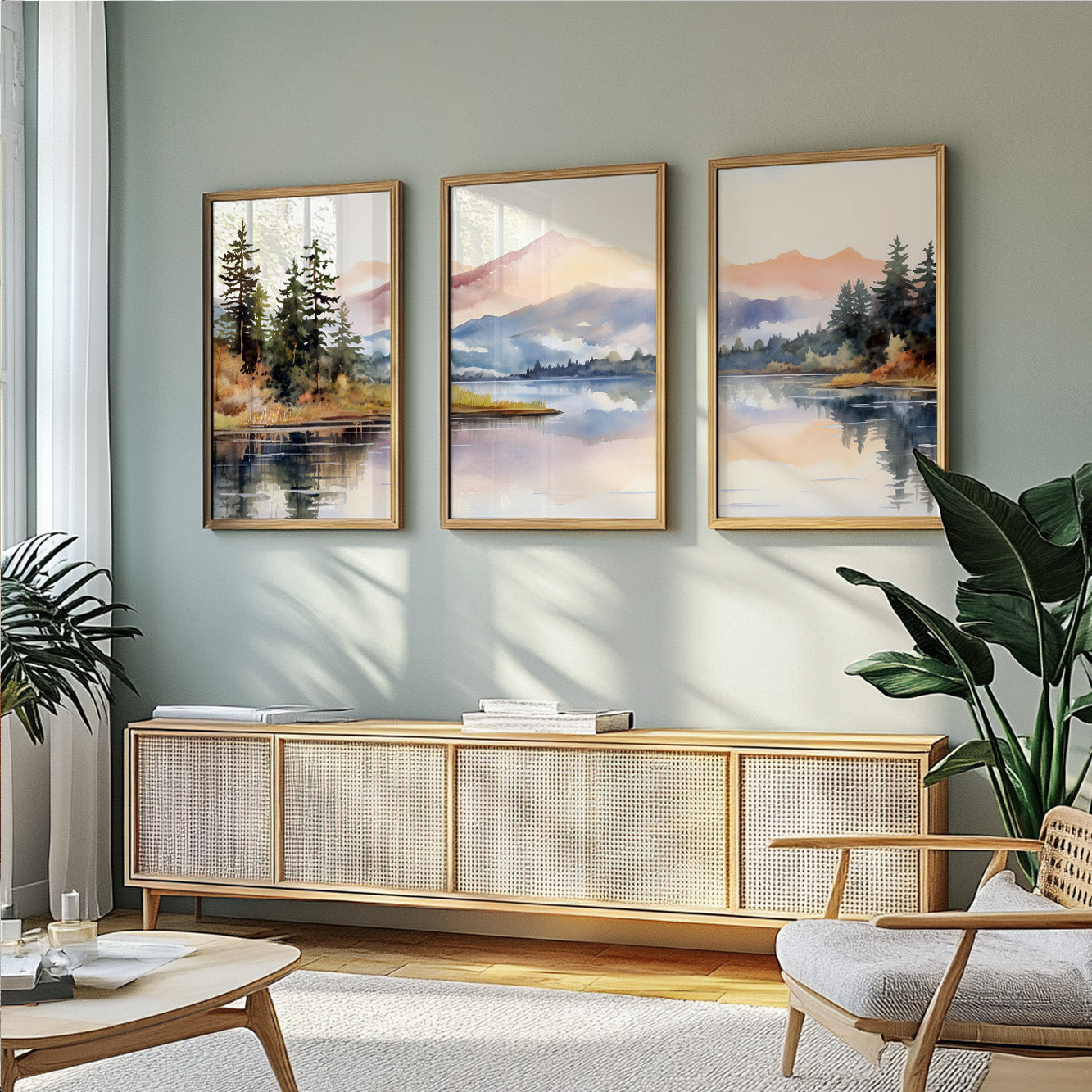 Pastel Mountain Art Set of 3 – Modern Forest Lake Landscape Wall Decor for Living Room