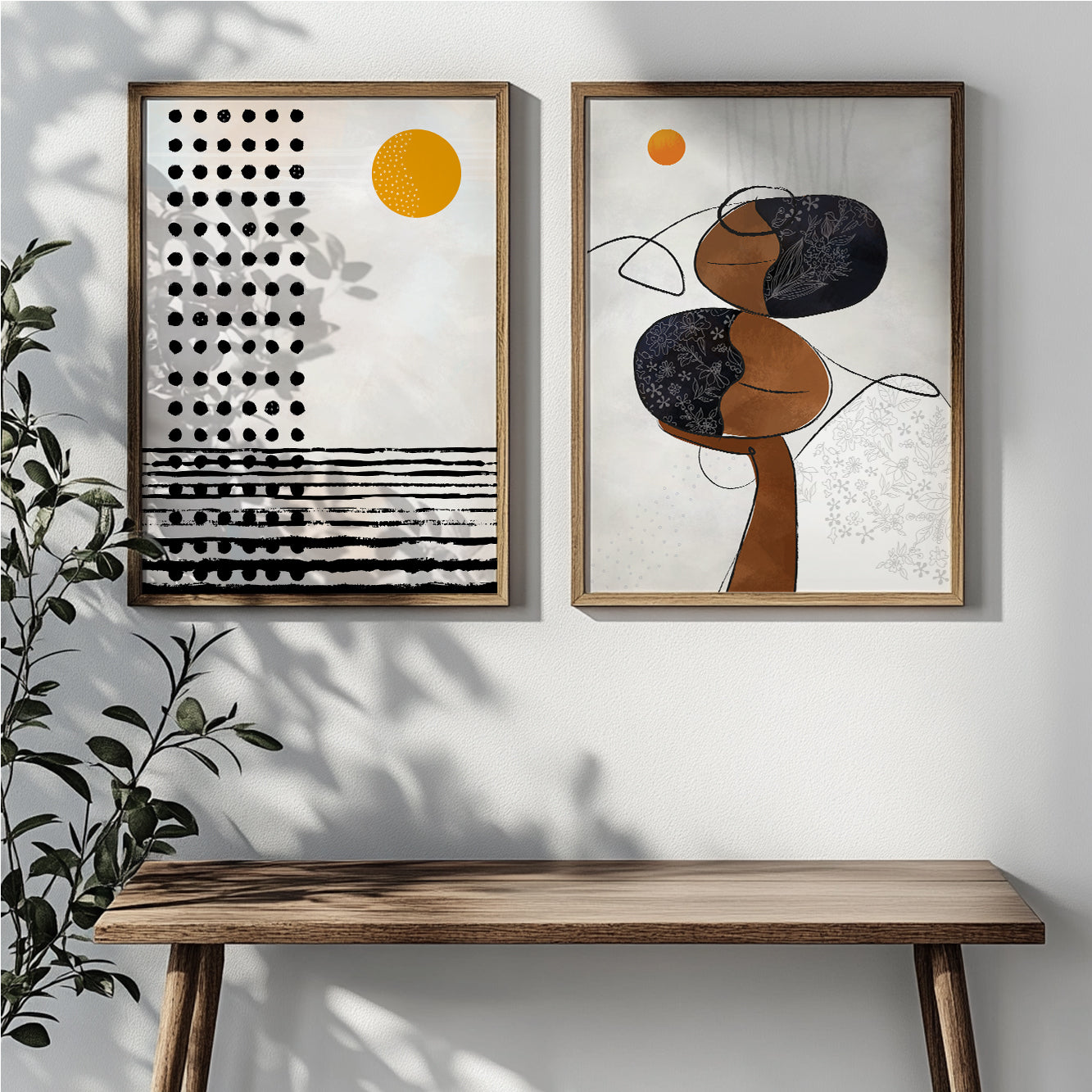 Mid-century modern African American wall art – neutral set of 2 black woman abstract prints, contemporary above bed or living room decor