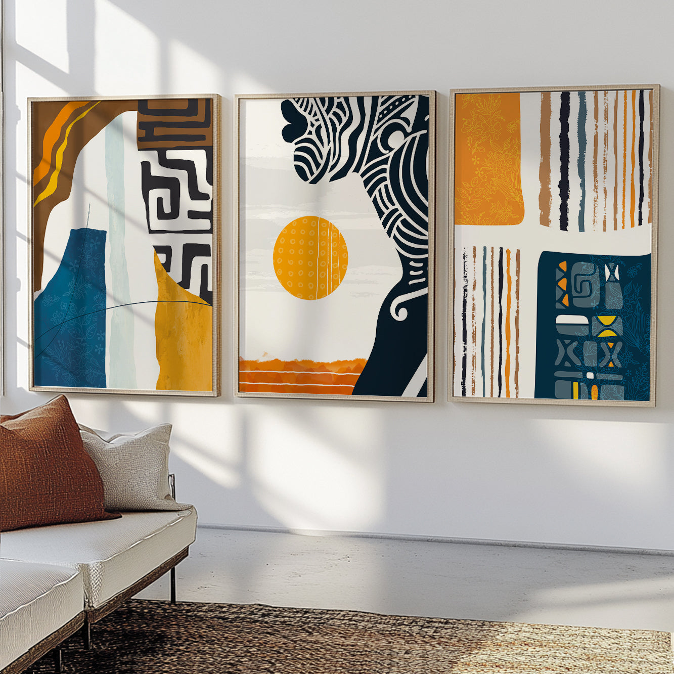 African American gallery wall set, 3 abstract black woman prints for modern home interior