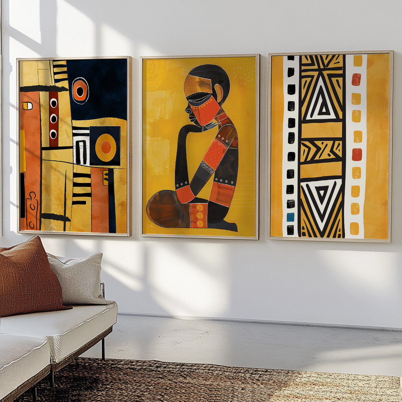 Colorful mustard African art set of 3, modern abstract ethnic gallery wall set for living room decor