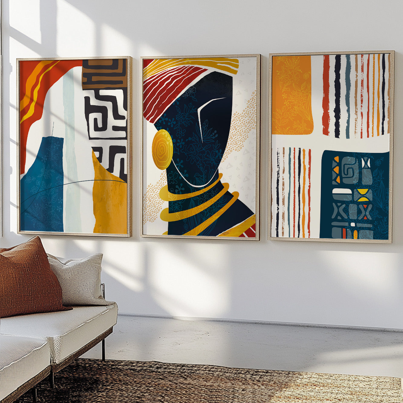 Minimalist tribal black woman prints – modern abstract African wall art set for cozy apartment decor