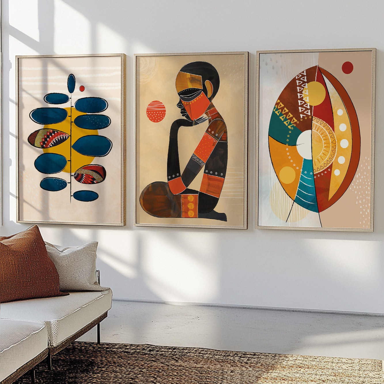 Modern African wall art set of 3 prints – contemporary abstract ethnic art for minimalist above bed decor