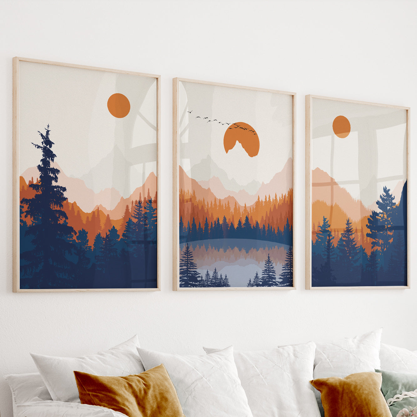 Set of 3 Abstract Landscape Prints – Deep Blue and Orange Mountains, Minimalist Aesthetic Art