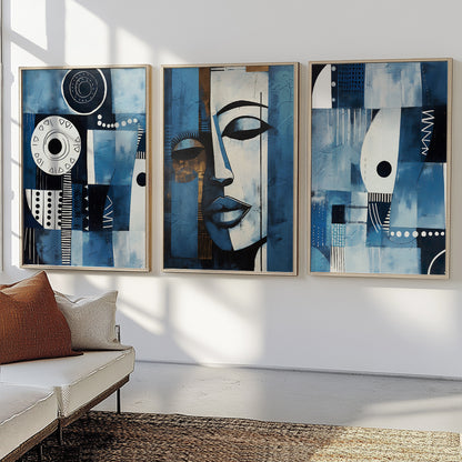 Navy blue ethnic gallery wall set – modern African American art, abstract prints for aesthetic decor