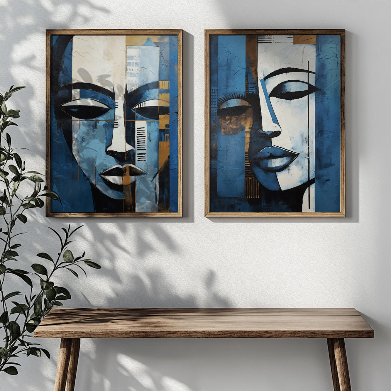 Dark blue aesthetic female portrait set, abstract minimalist wall prints for bedroom or living room