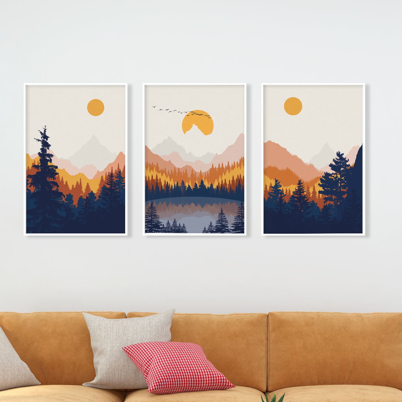 Set of 3 Mountain Wall Art Prints – Modern Terracotta and Navy Blue Nature Posters, Minimalist Landscape Art