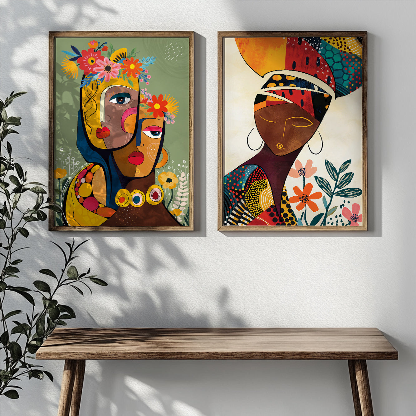 Set of 2 modern African American art prints, abstract black woman portraits with colorful boho flowers