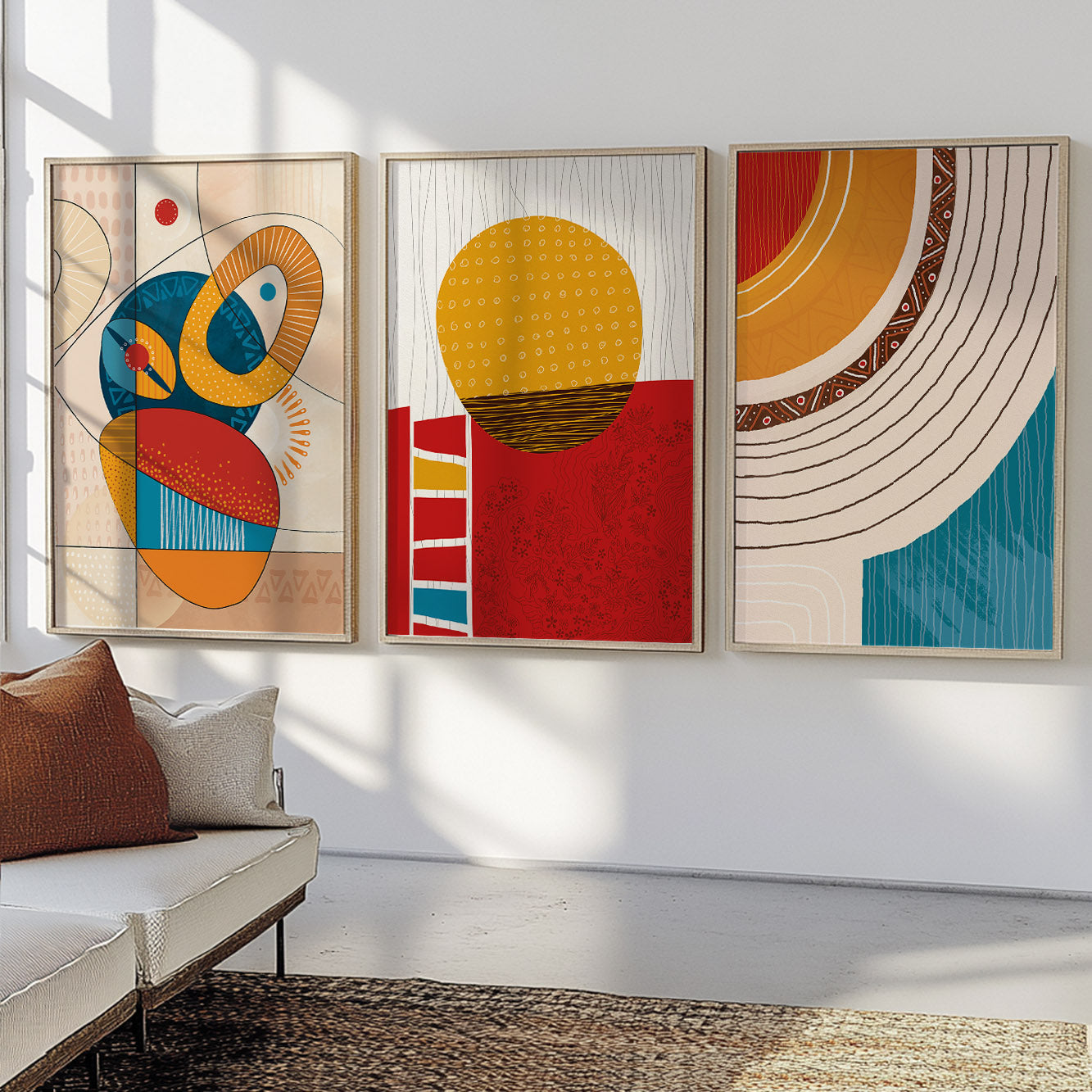 Contemporary African gallery wall set – vibrant abstract prints with tribal ornament