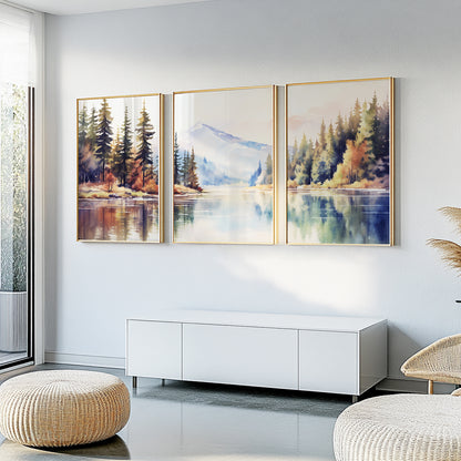 Modern Forest Landscape Set of 3 Prints – Neutral Mountain Lake Nature Wall Art