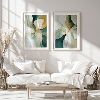 Emerald Green Beige Set of 2 – Modern Brush Stroke Abstract Art