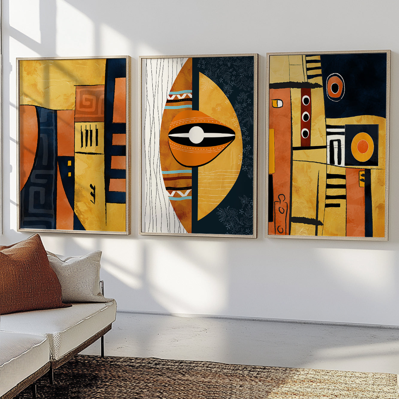 Set of 3 abstract African wall art prints, ethnic and colorful modern art for above bed decor