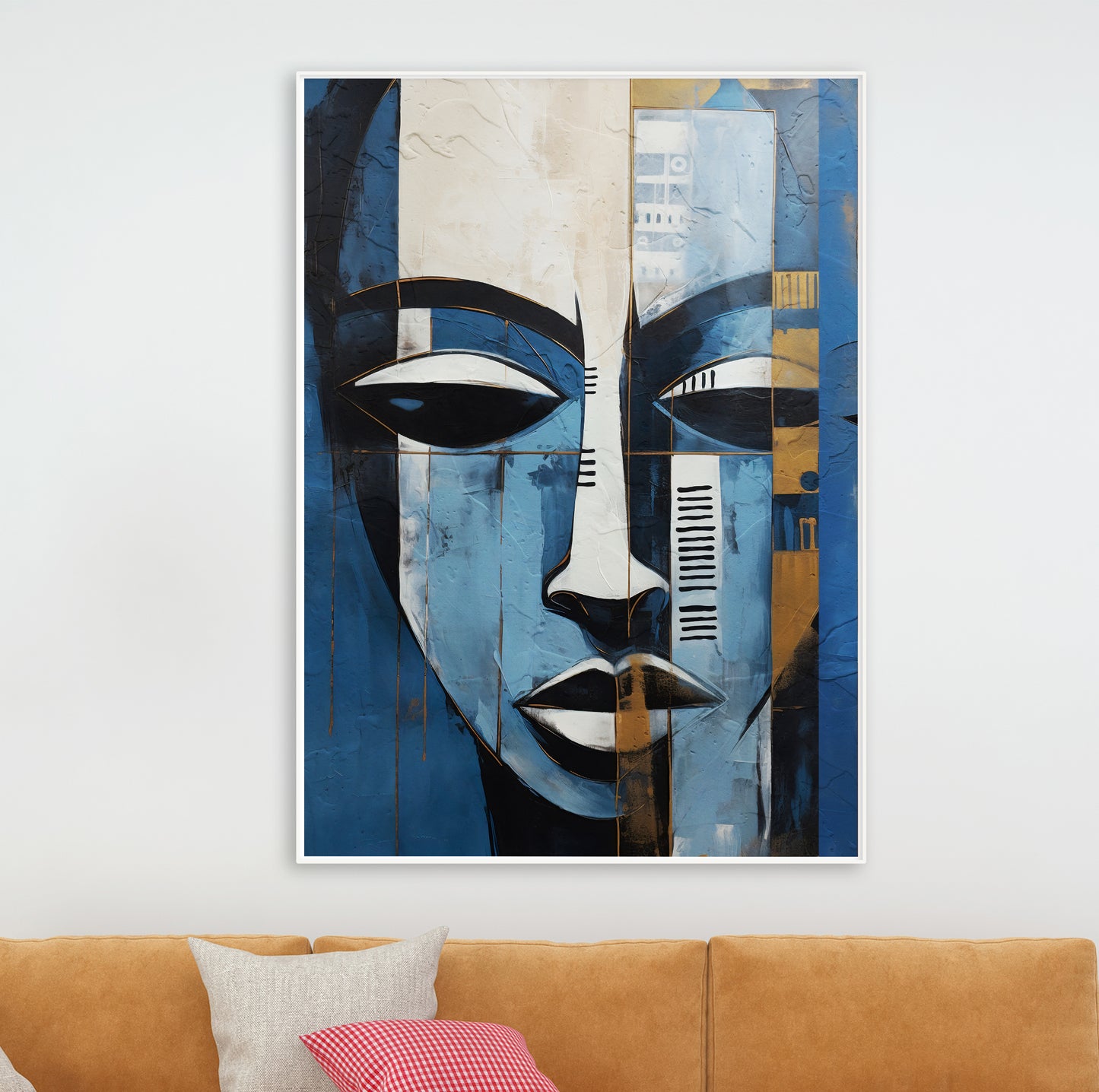 Navy blue and grey abstract woman painting – modern African American art, minimalist room decor