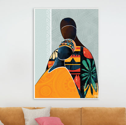 Abstract black lovers art print – colorful modern African couple silhouette for bedroom wall decor