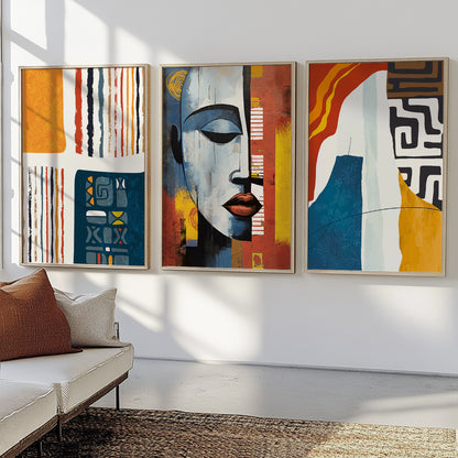 Modern abstract African American art set, 3 colorful prints for large above bed and home decor