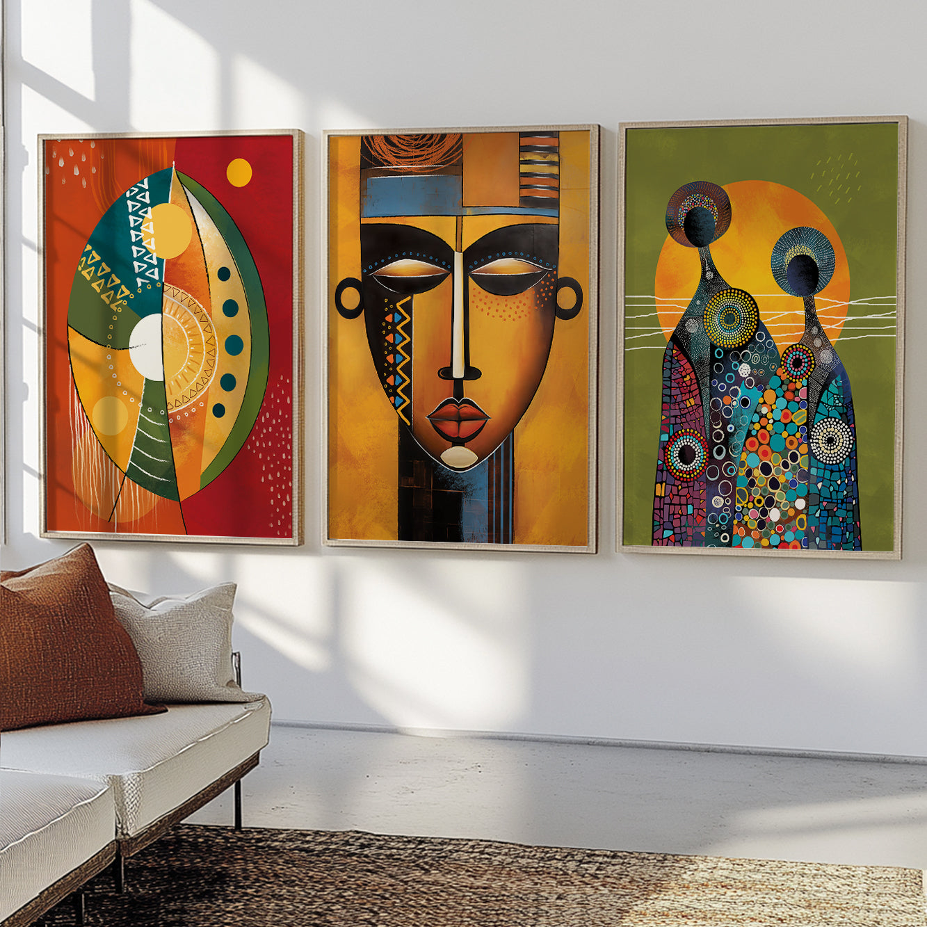 Set of 3 modern abstract black wall art prints, ethnic African American gallery wall set for bedroom decor