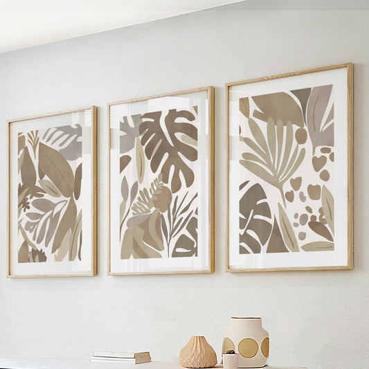 et of 3 beige tropical prints – pastel botanical leaves wall art for mid-century modern interiors