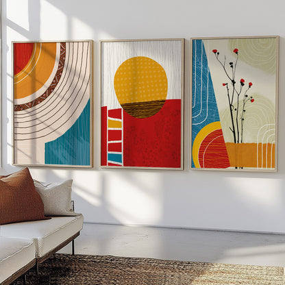 Set of 3 abstract African wall art prints – colorful contemporary aesthetic decor for modern interiors