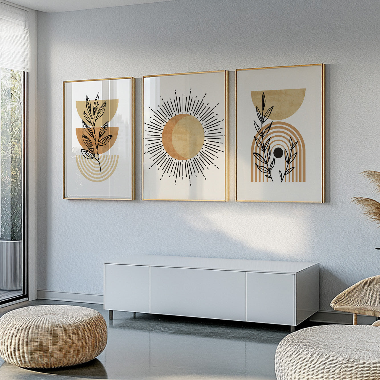 Terracotta beige boho wall art set of 3 print. Mid century modern wall art posters. Neutral above bed art, large gallery wall set