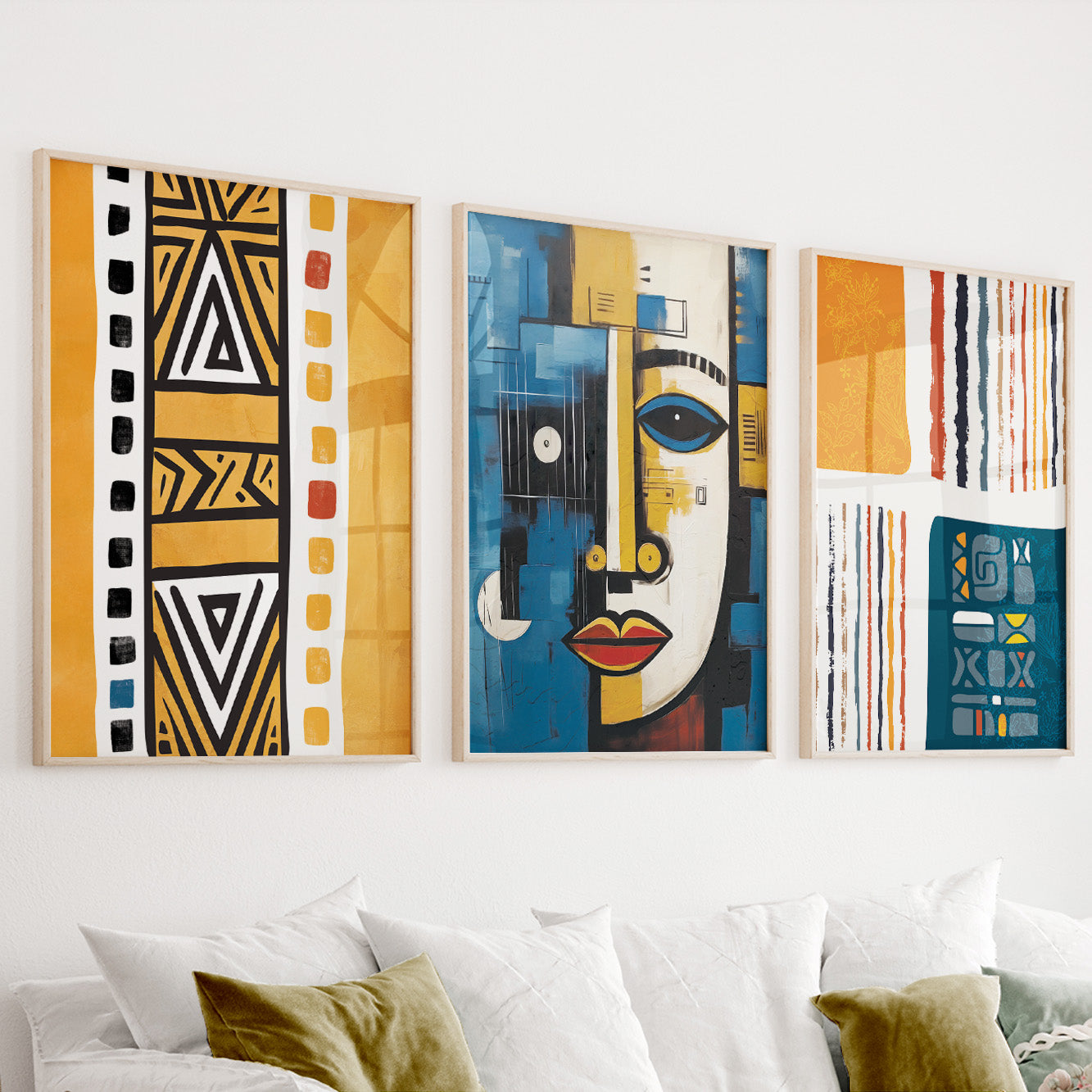 Navy Blue & Yellow African Art Set of 3 – Abstract & Ethnic