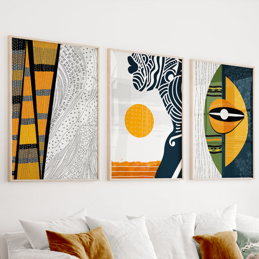 African American art set of 3, abstract black woman portraits for modern wall decor