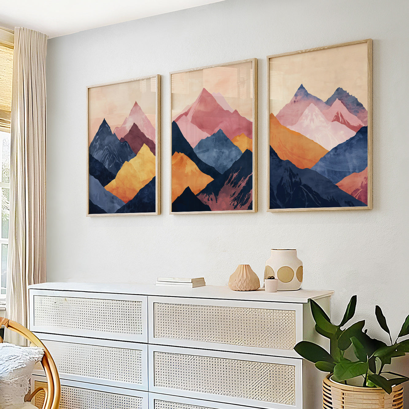 Minimalist Nature Wall Decor – Abstract Mountain Gallery Set of 3 with Navy Blue and Pink