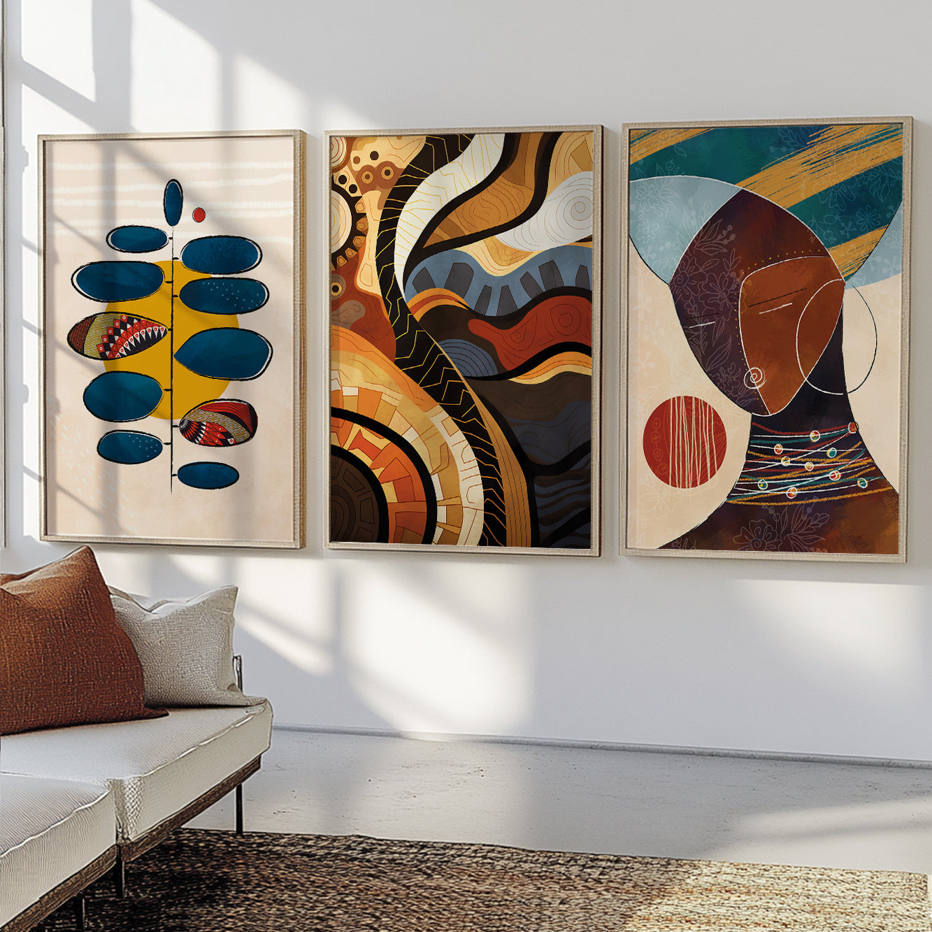 Contemporary African American art set of 3, colorful abstract black woman prints for above bed art