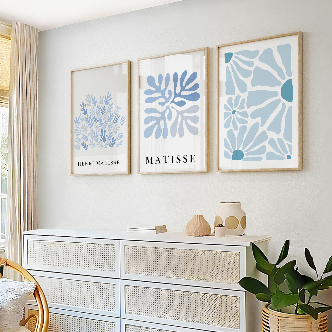 Blue Matisse set of 3 prints. Neutral minimalist mid century gallery wall set, vintage trendy Henri Matisse print, livingroom posters