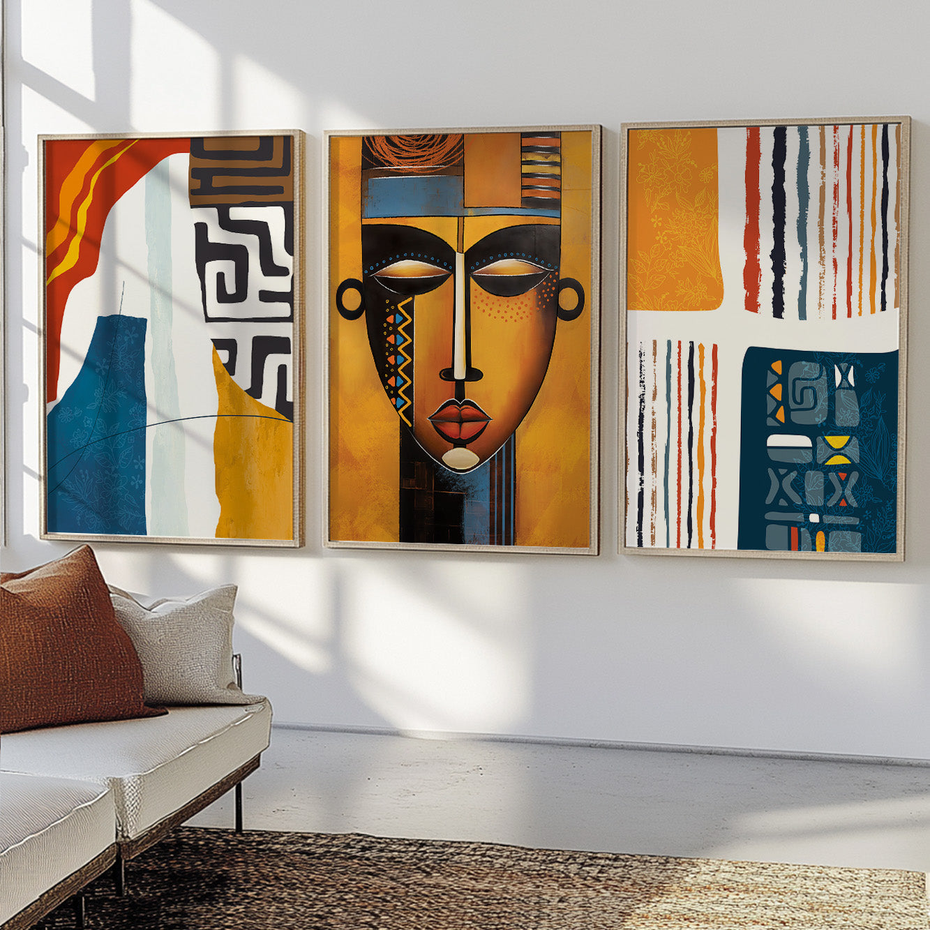 Gallery wall set of 3 colorful minimalist African American prints, modern abstract ethnic art for home decor