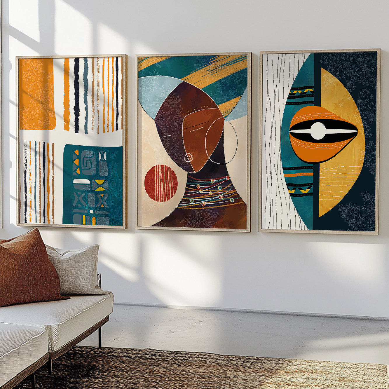 Colorful abstract African American art set of 3 – modern black woman portrait gallery wall for above bed decor