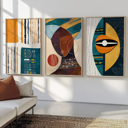 Colorful abstract African American art set of 3 – modern black woman portrait gallery wall for above bed decor