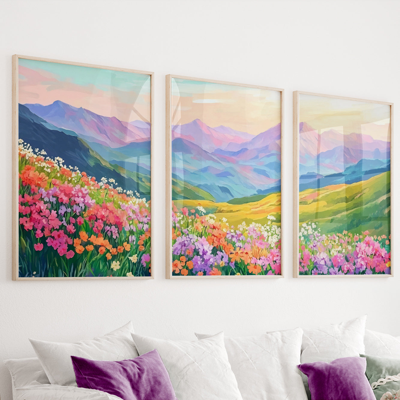 Colorful Mountain Wall Art Set of 3 – Wild Flowers Landscape Posters for Boho Nature Room Decor