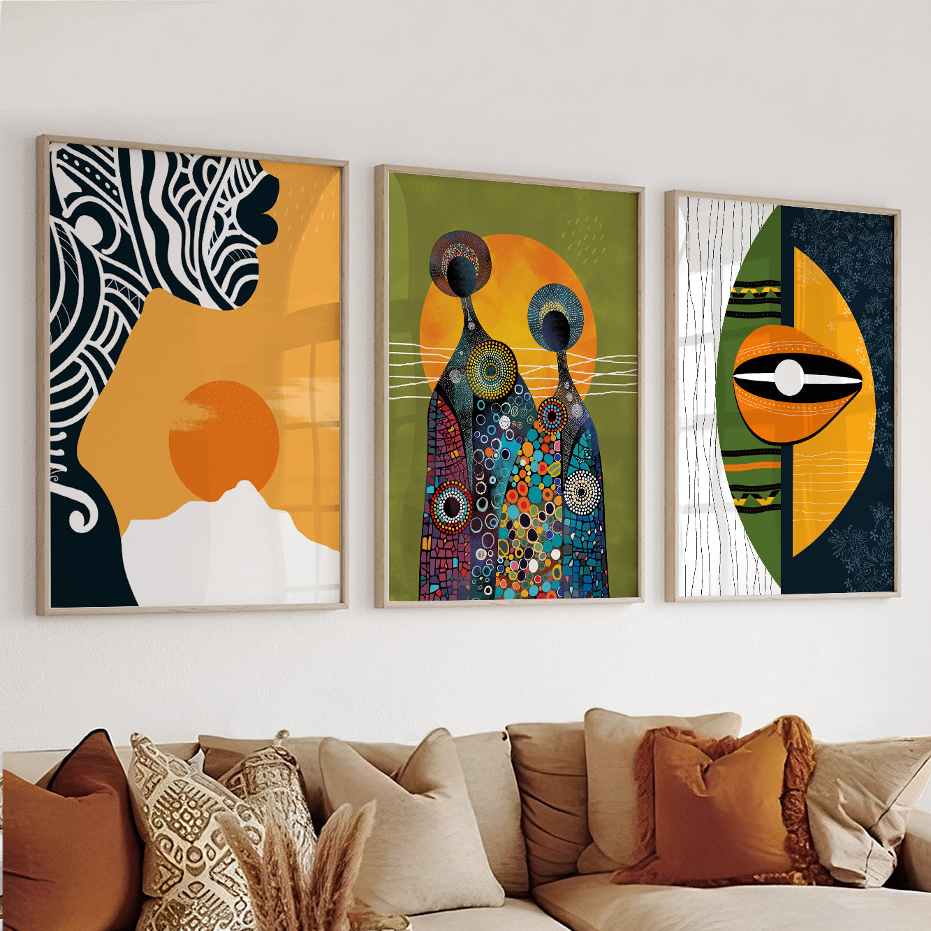 Contemporary abstract art set of 3, colorful black woman portrait and abstract figures