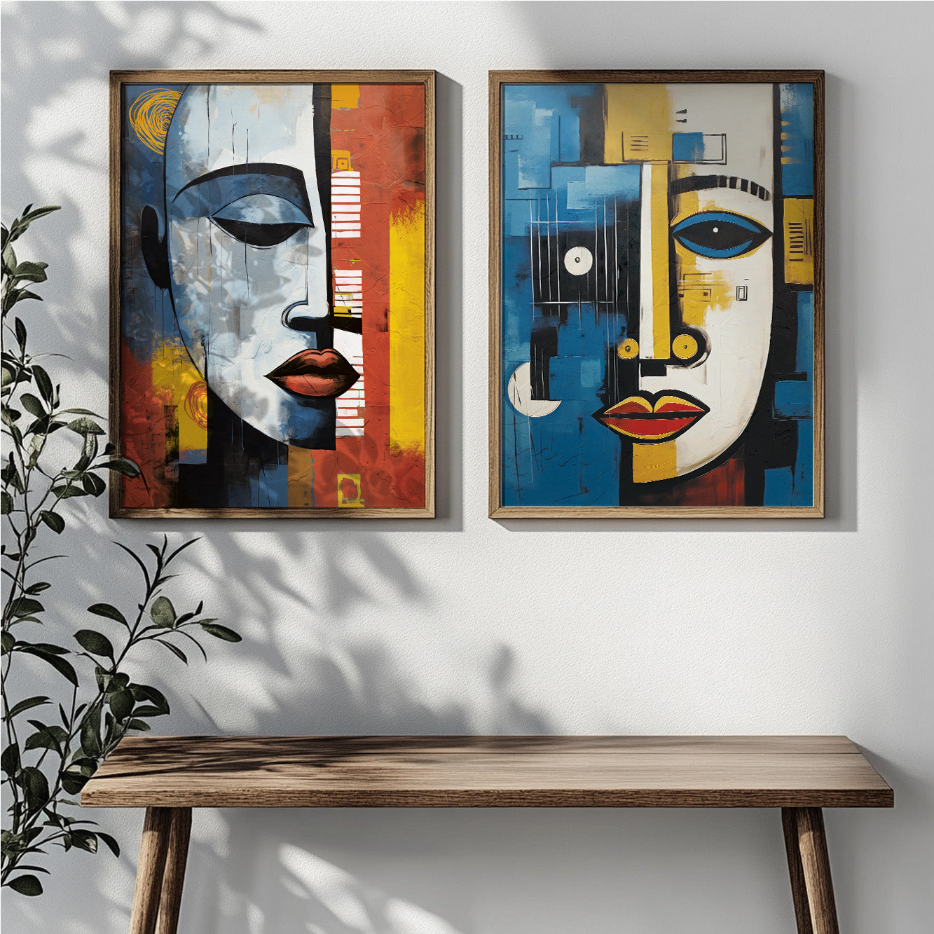 Abstract woman and man portrait wall art – contemporary African set of 2 prints, colorful above bed art for room decor