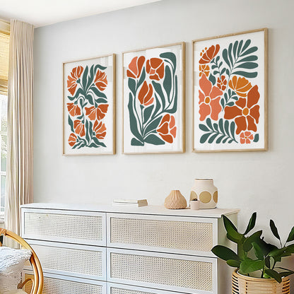 Boho floral set of 3 print. Light Terracotta minimalist botanical mid century gallery wall set, vintage trendy bedroom wall art prints