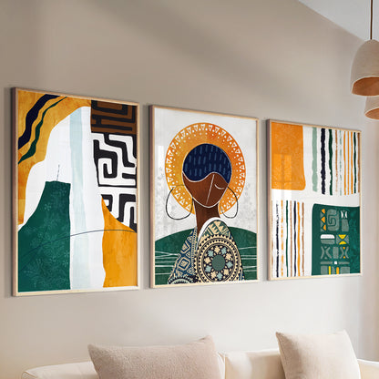 Modern African American gallery wall set, 3 abstract black woman prints for contemporary home decor