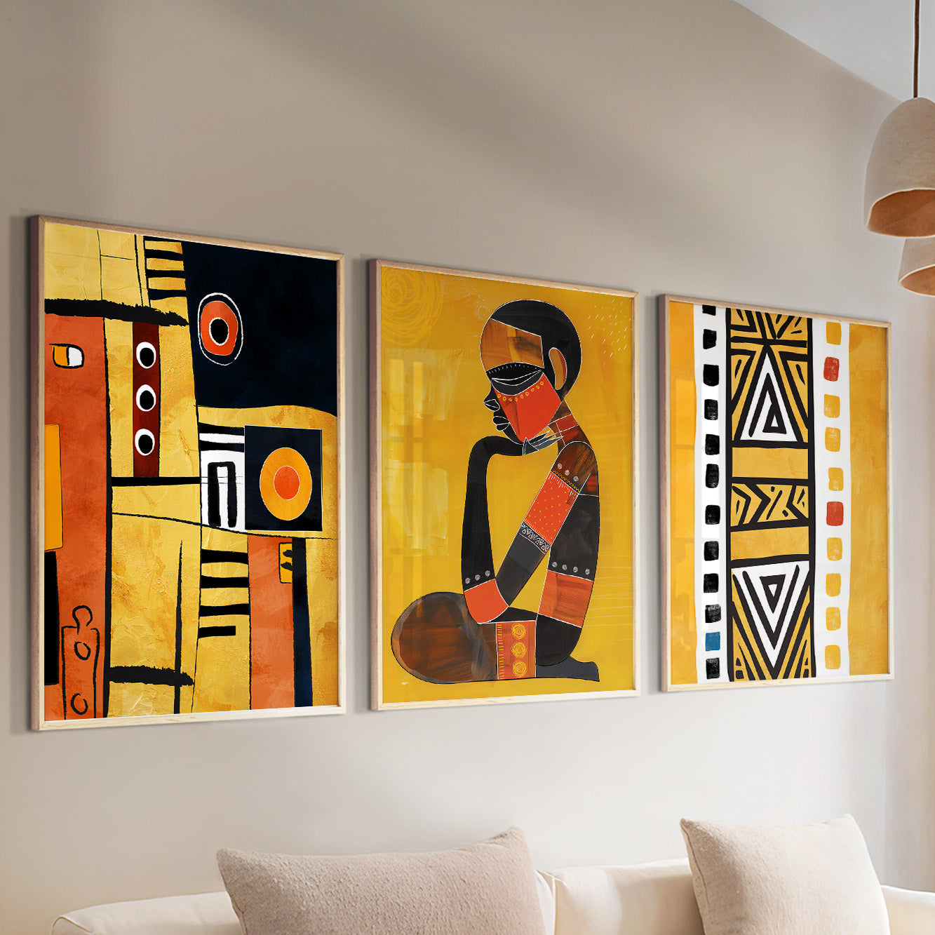 Vibrant abstract African art set of 3, mustard-colored posters for modern ethnic living room decor