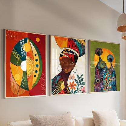 Minimalist African wall art set of 3, black woman portrait prints for stylish gallery wall