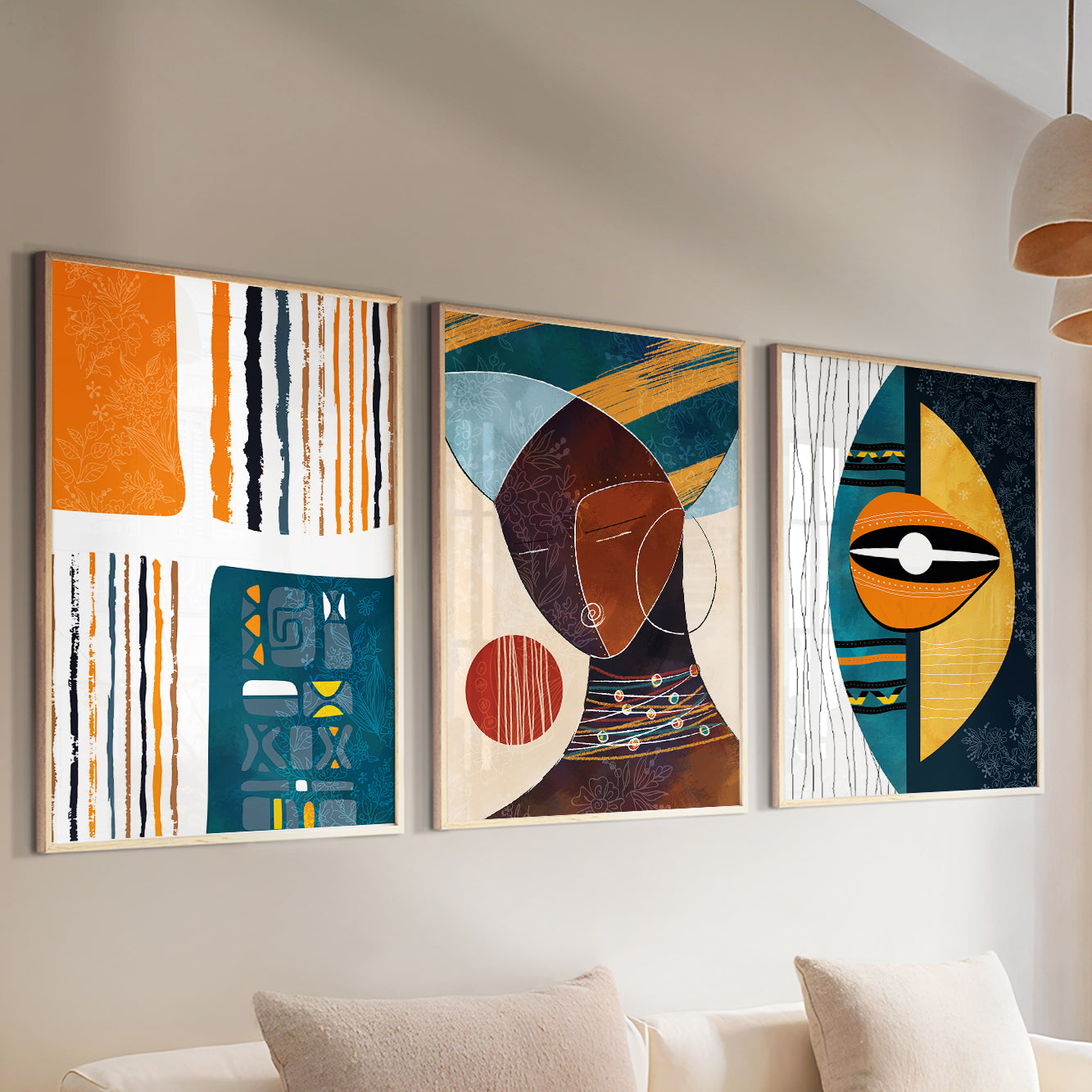 Modern bright abstract African American art set – black woman portrait gallery wall set for bedroom