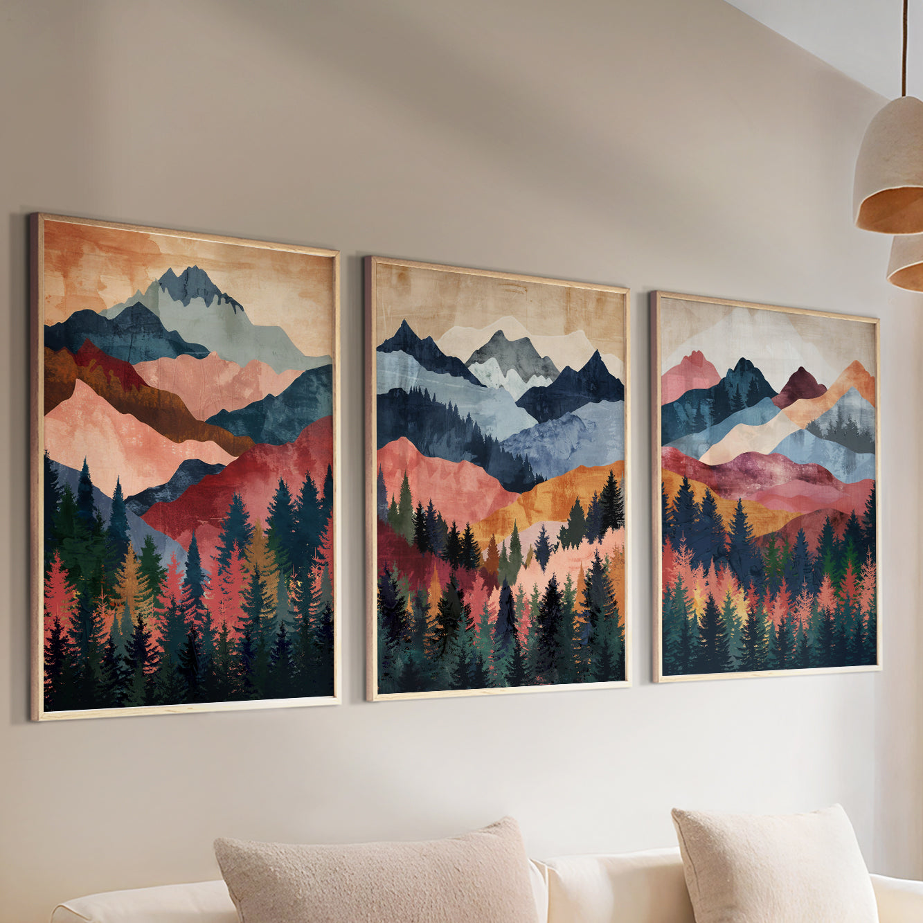 Extra Large Colorful Mountain Landscape Posters – Mid Century Modern Boho Wall Art Set