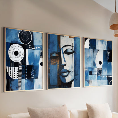 Modern abstract African art set of 3 – navy blue ethnic prints for contemporary home decor