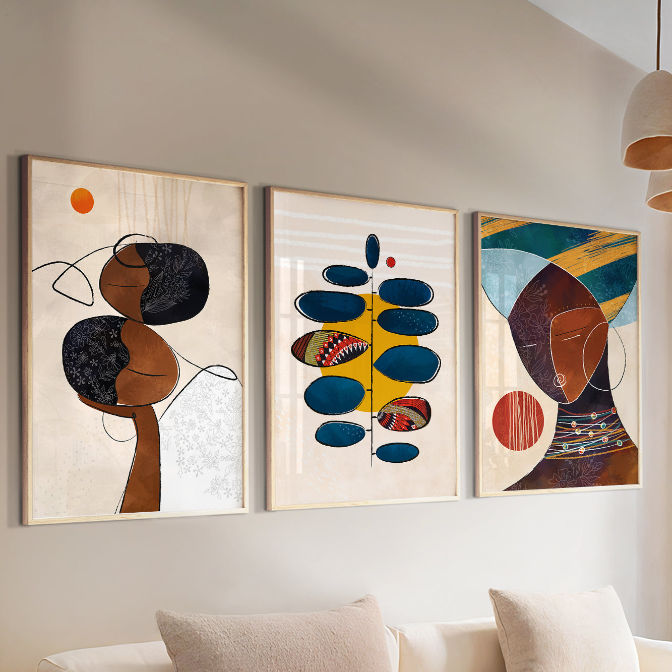 Minimalist contemporary black couple wall art – colorful African American art set of 3, abstract bedroom gallery wall