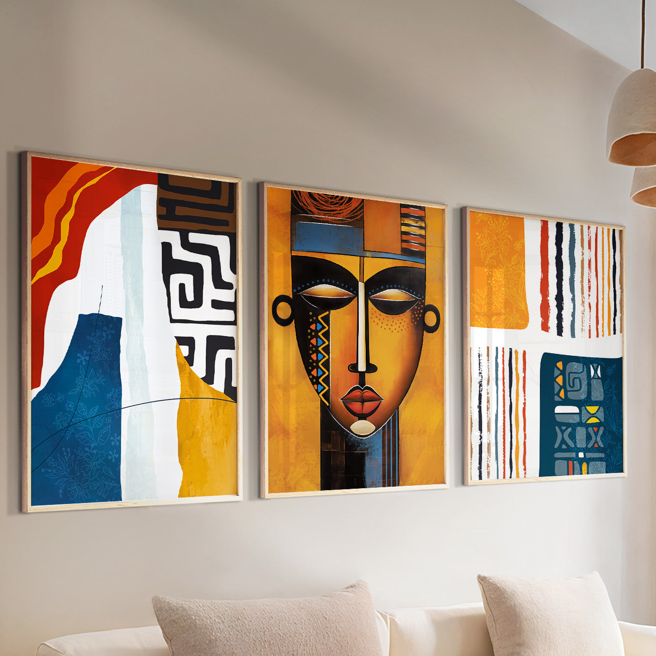 Contemporary African American art set, abstract ethnic wall art prints for stylish dining room or living room